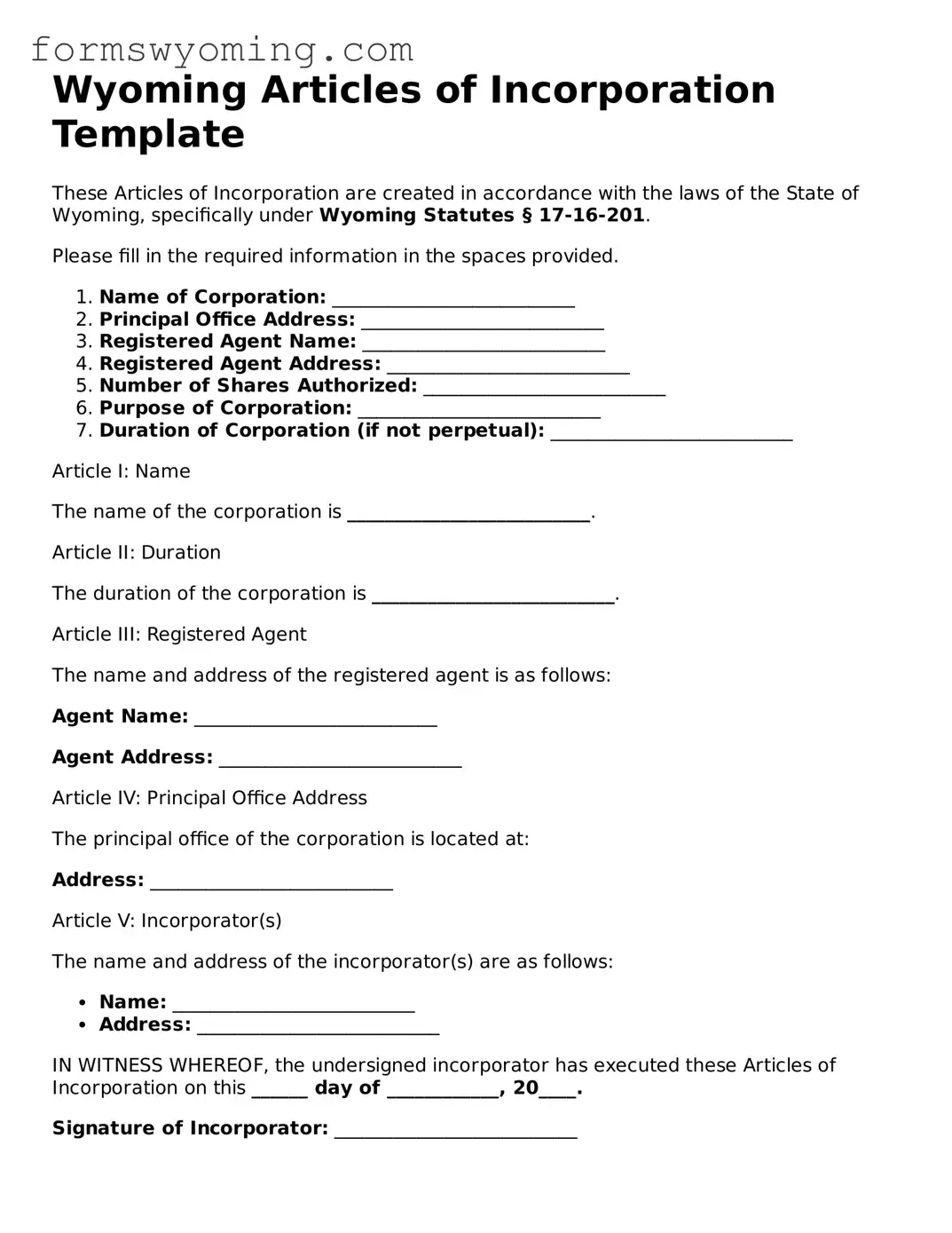 Attorney-Verified  Articles of Incorporation Template for Wyoming