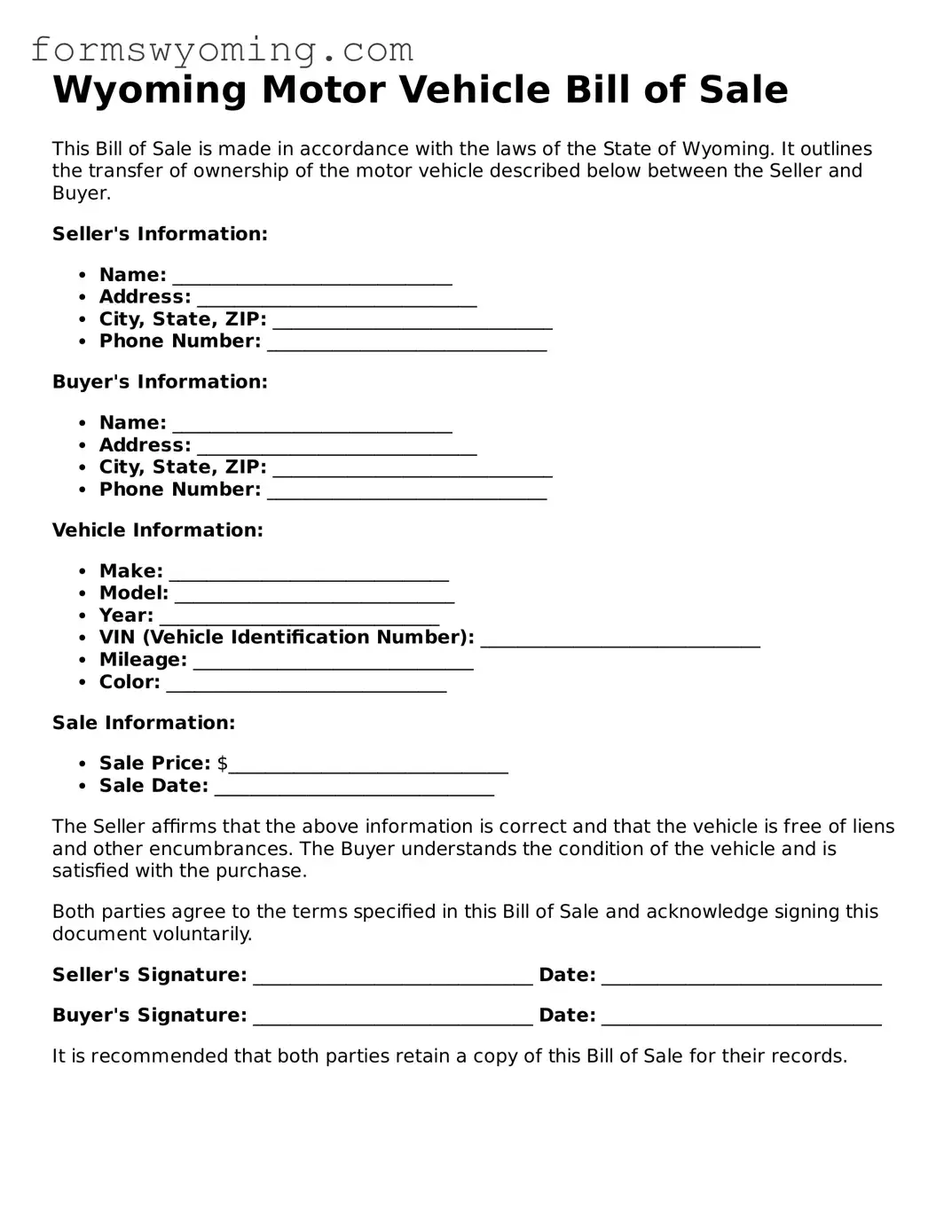 Attorney-Verified  Motor Vehicle Bill of Sale Template for Wyoming