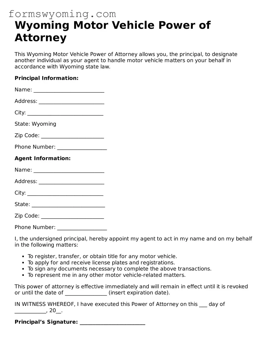 Attorney-Verified  Motor Vehicle Power of Attorney Template for Wyoming