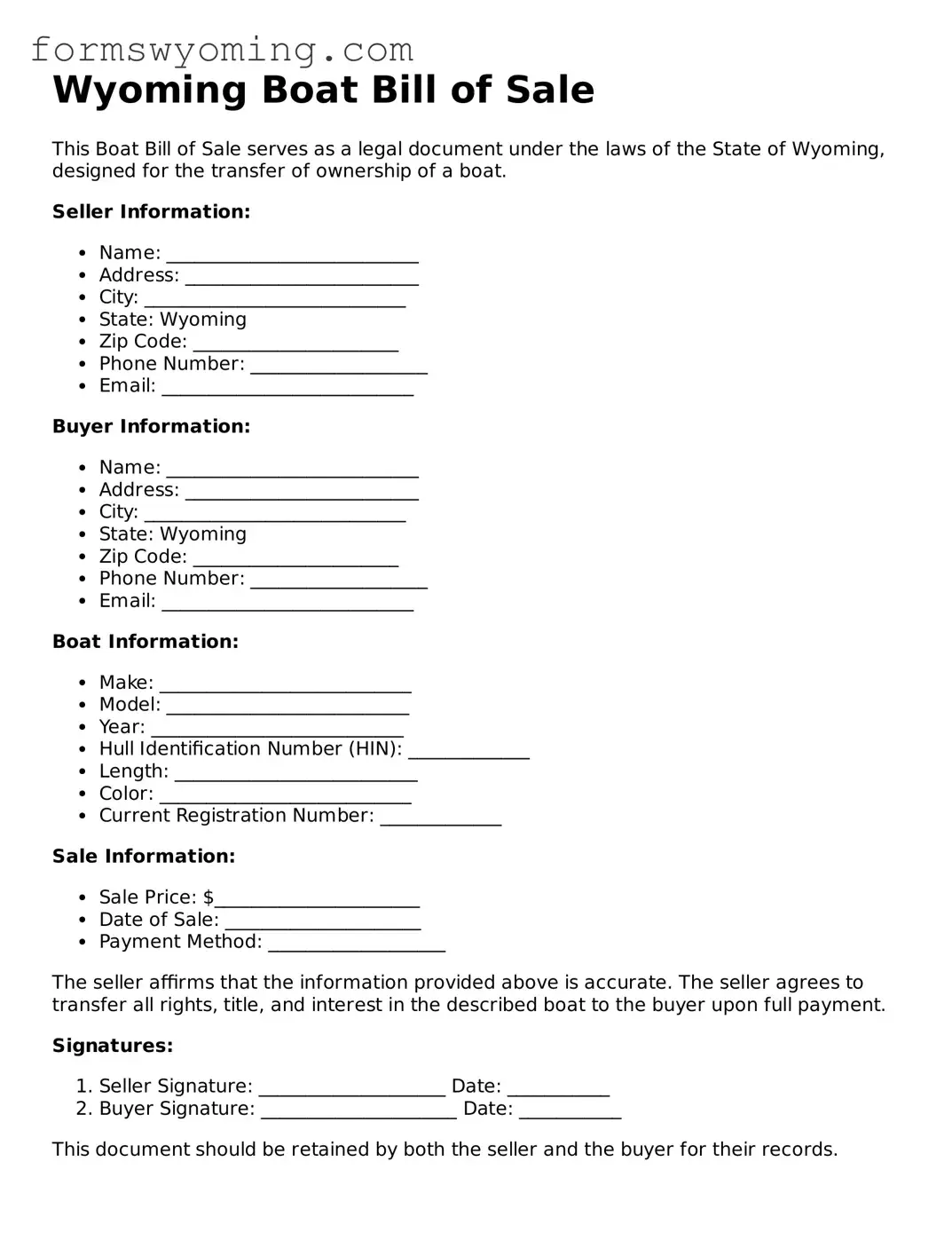 Attorney-Verified  Boat Bill of Sale Template for Wyoming