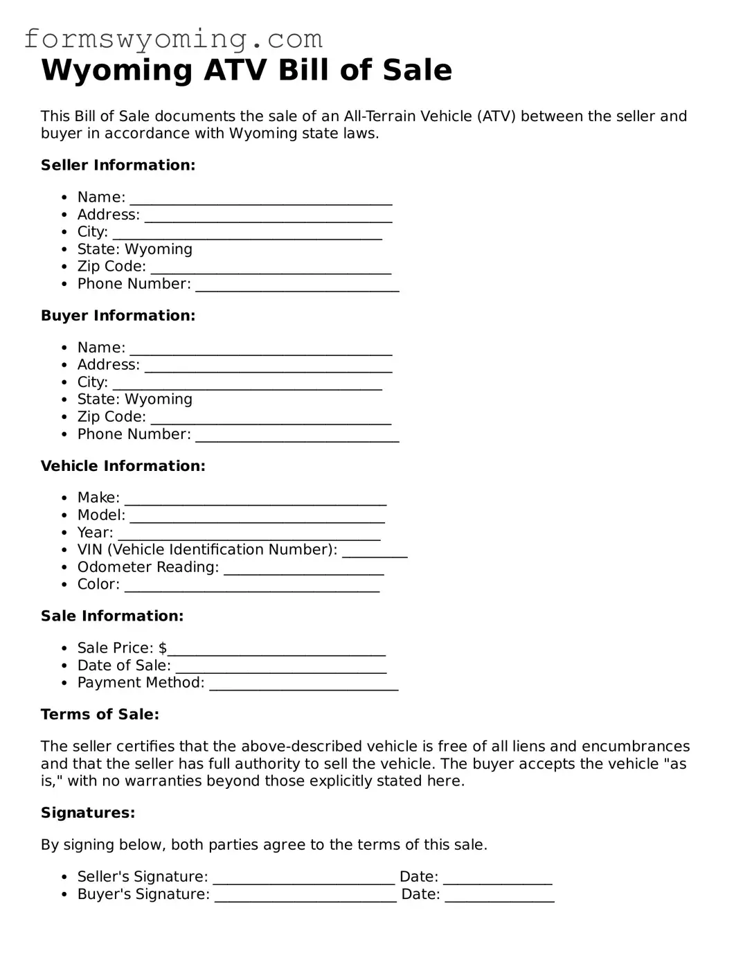 Attorney-Verified  ATV Bill of Sale Template for Wyoming