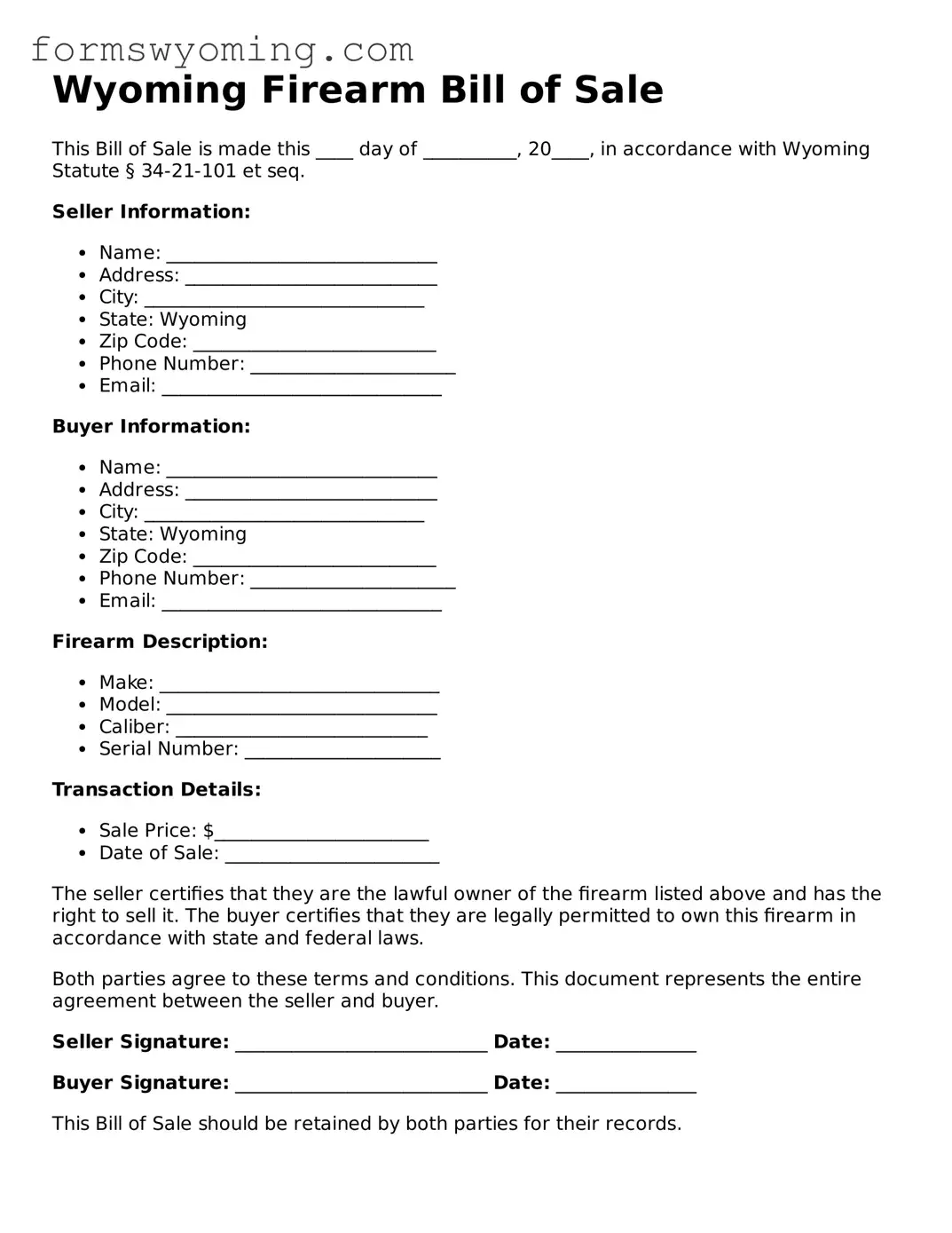 Attorney-Verified  Firearm Bill of Sale Template for Wyoming