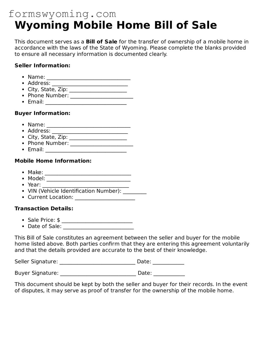 Attorney-Verified  Mobile Home Bill of Sale Template for Wyoming
