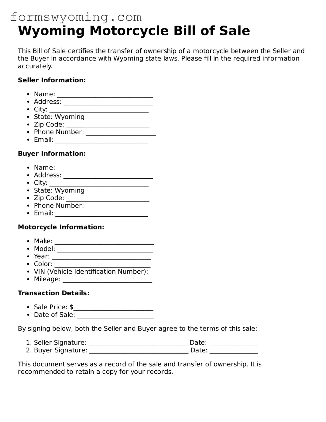 Attorney-Verified  Motorcycle Bill of Sale Template for Wyoming