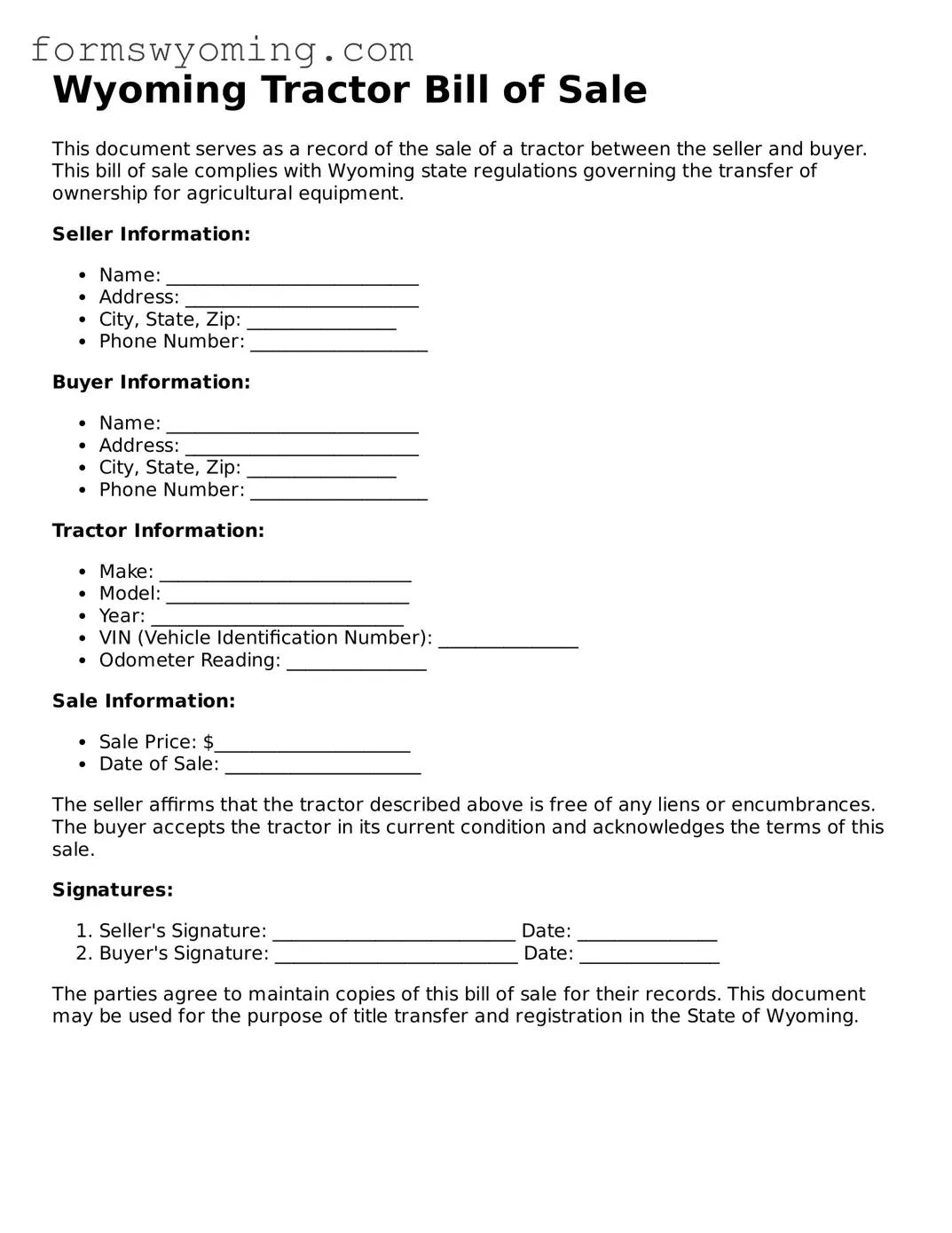 Attorney-Verified  Tractor Bill of Sale Template for Wyoming