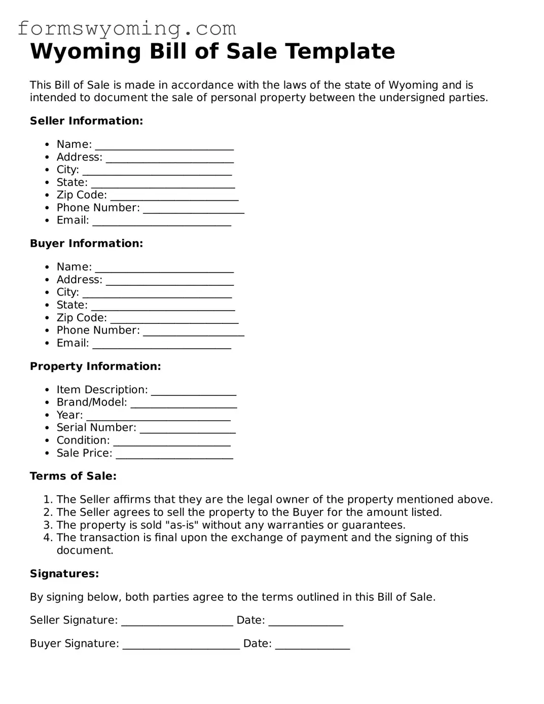 Attorney-Verified  Bill of Sale Template for Wyoming