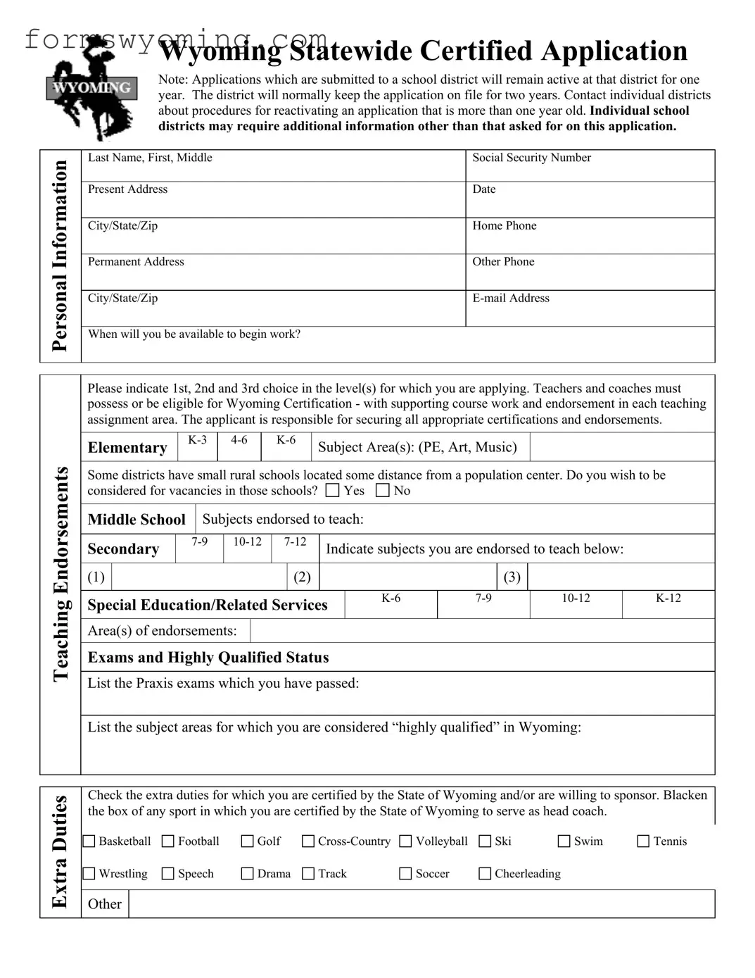 Wyoming Certified Application PDF Template