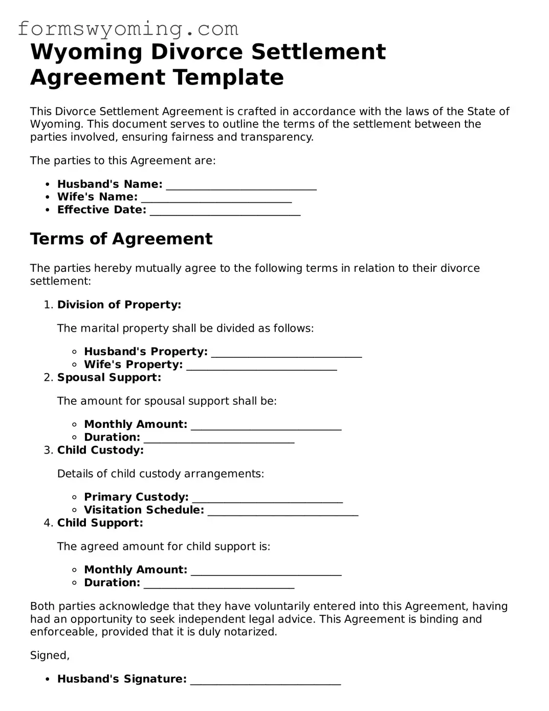 Attorney-Verified  Divorce Settlement Agreement Template for Wyoming