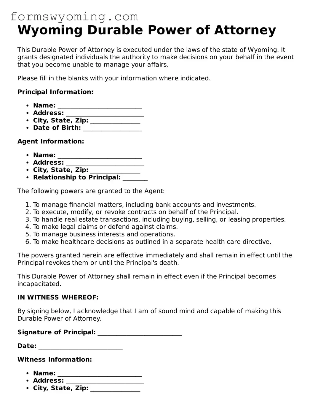 Attorney-Verified  Durable Power of Attorney Template for Wyoming
