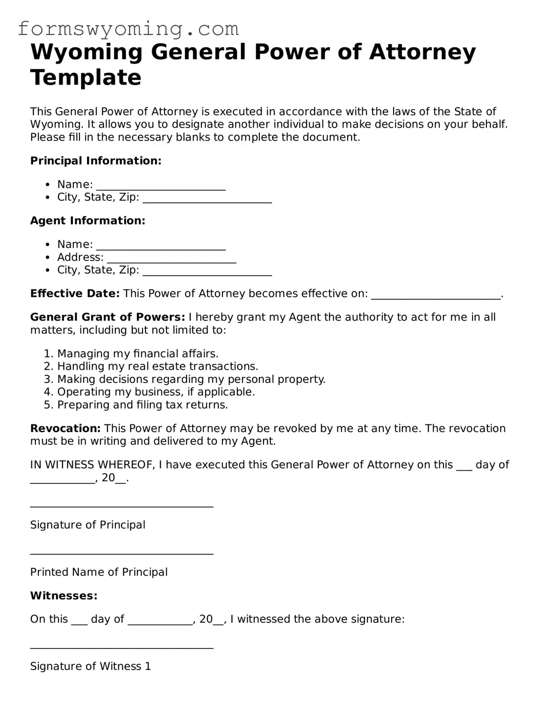 Attorney-Verified  General Power of Attorney Template for Wyoming