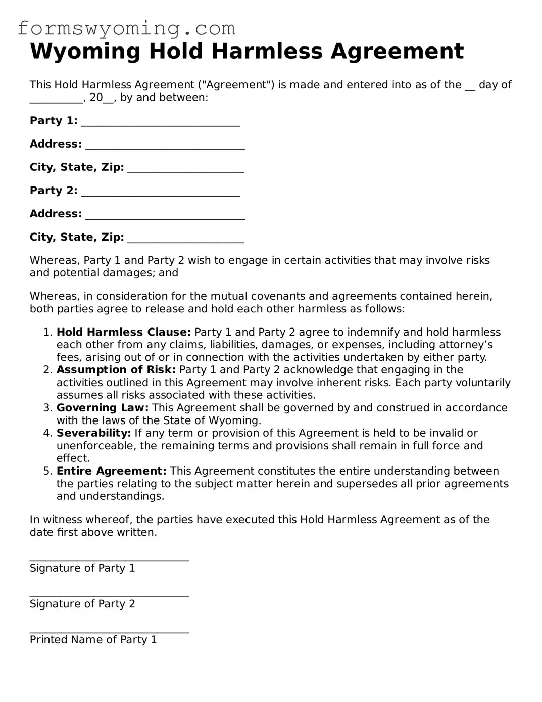 Attorney-Verified  Hold Harmless Agreement Template for Wyoming