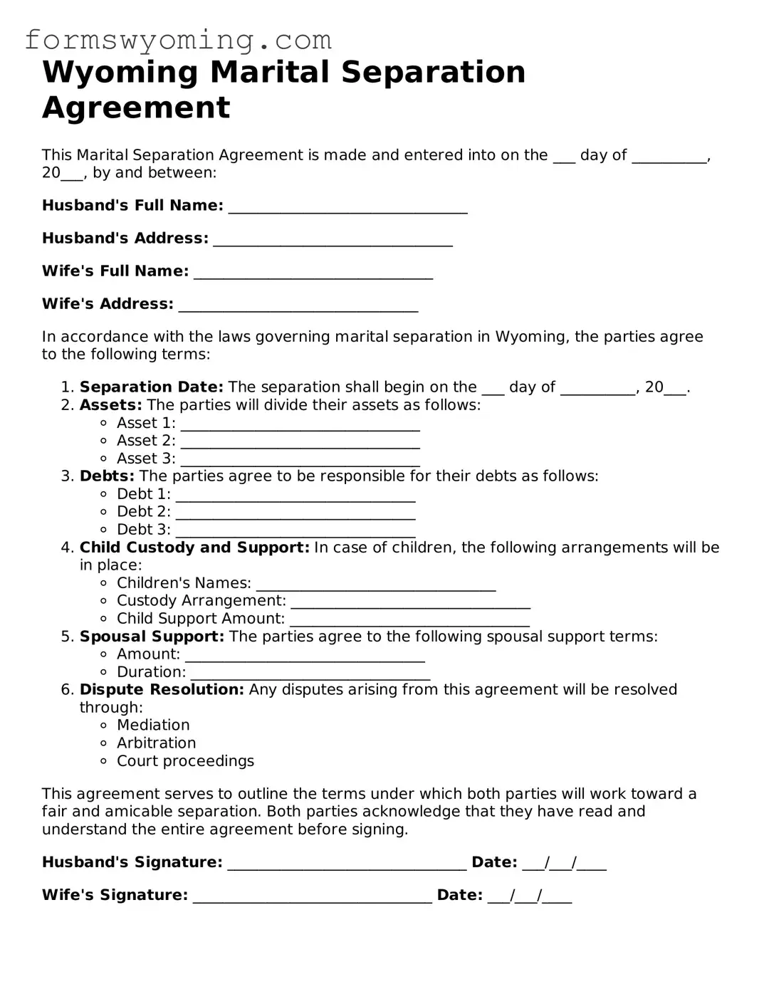 Attorney-Verified  Marital Separation Agreement Template for Wyoming