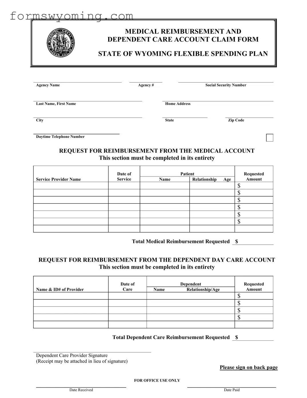 Wyoming Medical Reimbursement PDF Template
