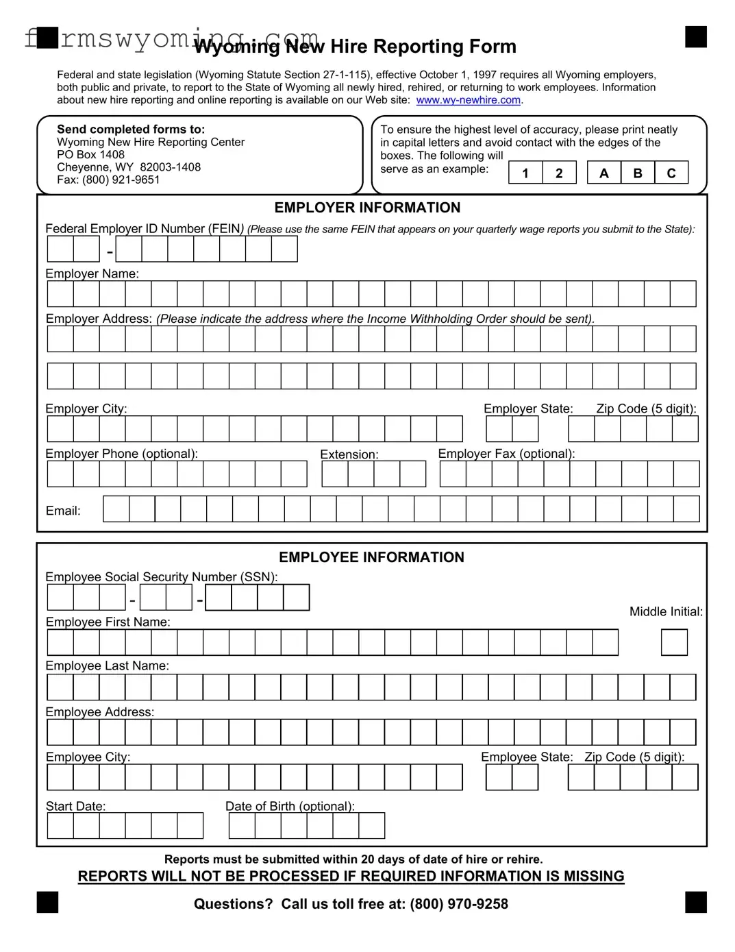 Wyoming New Hire Reporting PDF Template