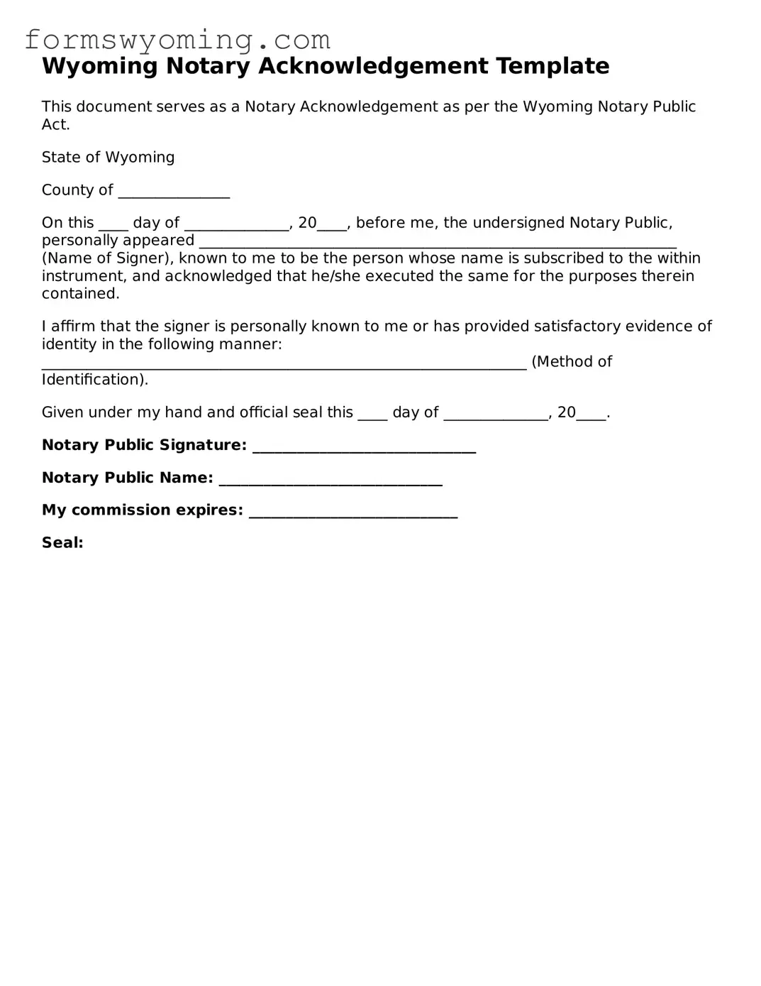 Attorney-Verified  Notary Acknowledgement Template for Wyoming