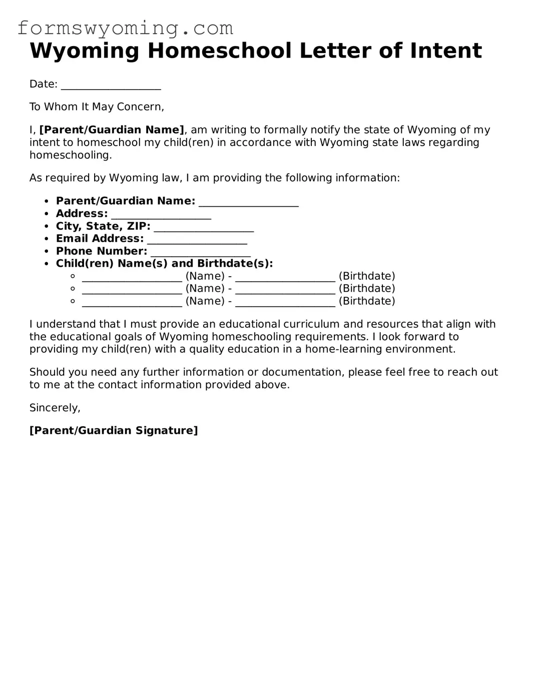 Attorney-Verified  Homeschool Letter of Intent Template for Wyoming
