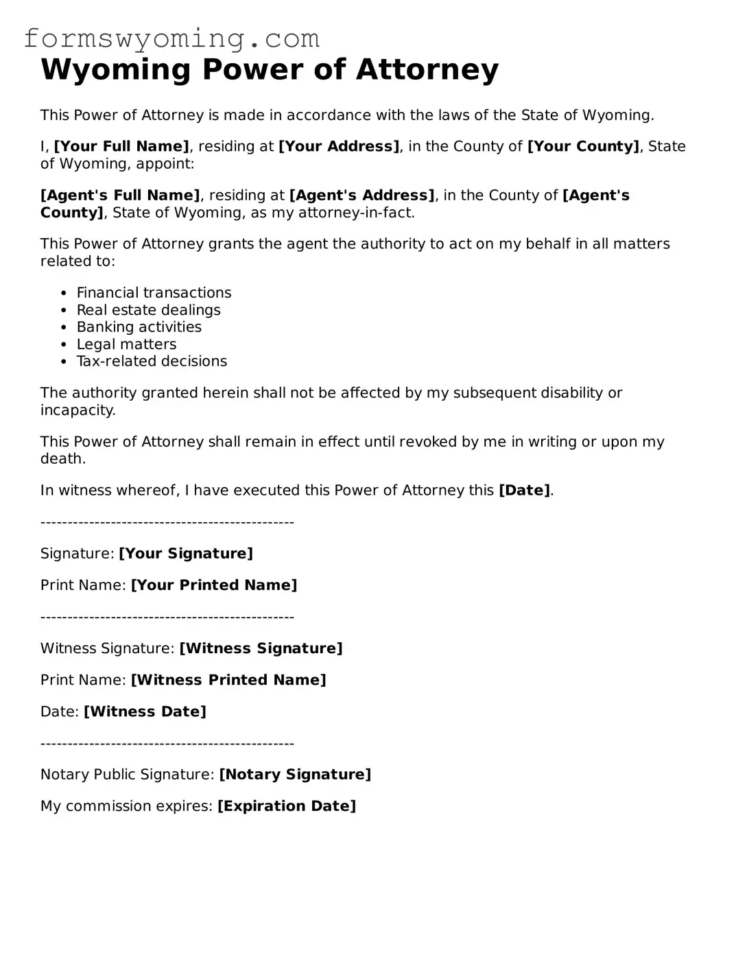 Attorney-Verified  Power of Attorney Template for Wyoming