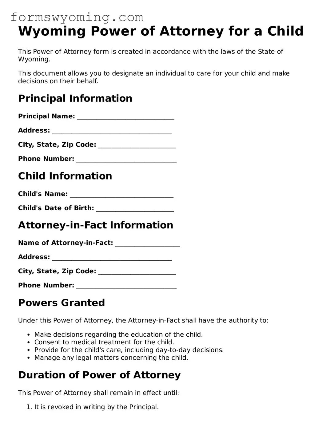 Attorney-Verified  Power of Attorney for a Child Template for Wyoming