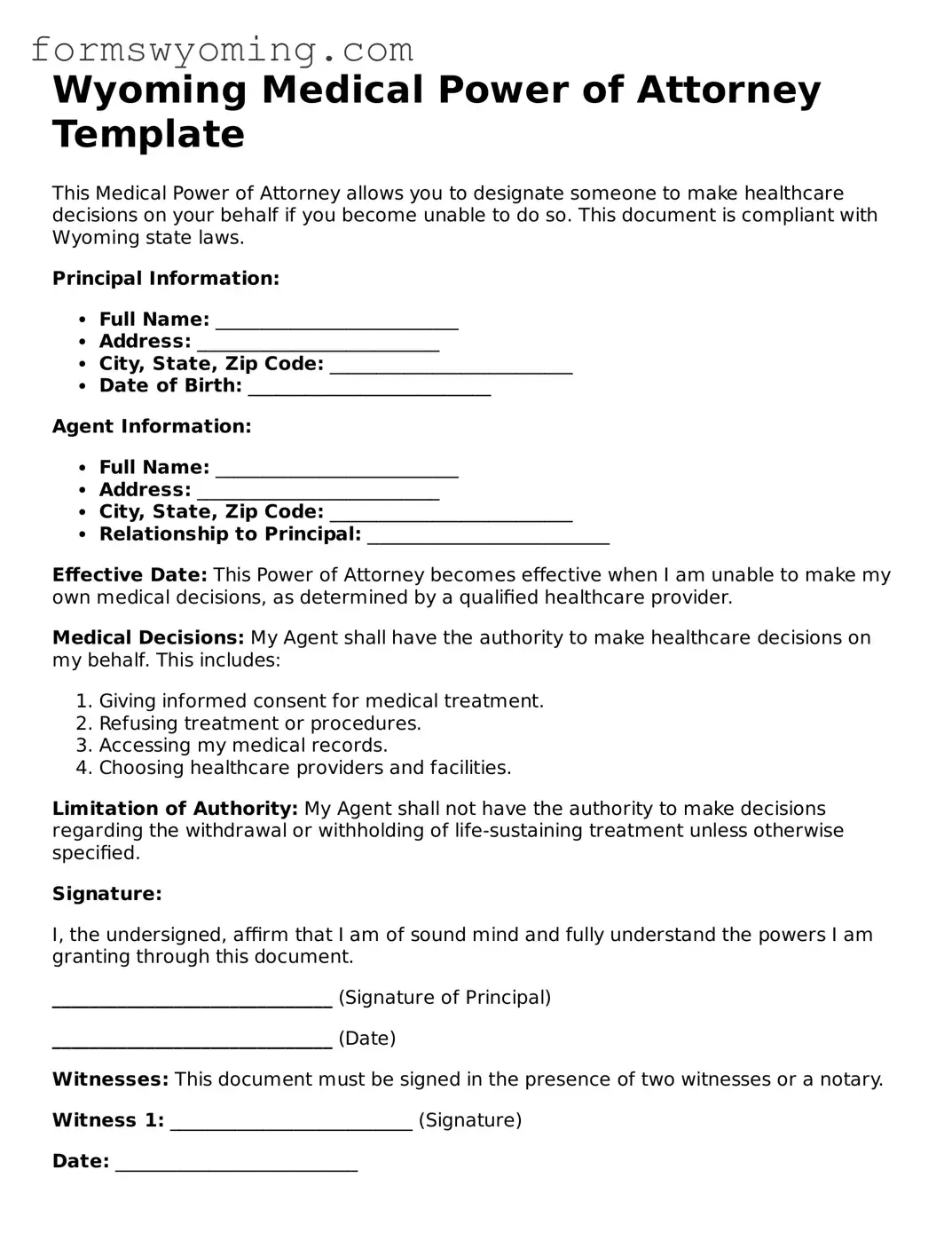 Attorney-Verified  Medical Power of Attorney Template for Wyoming