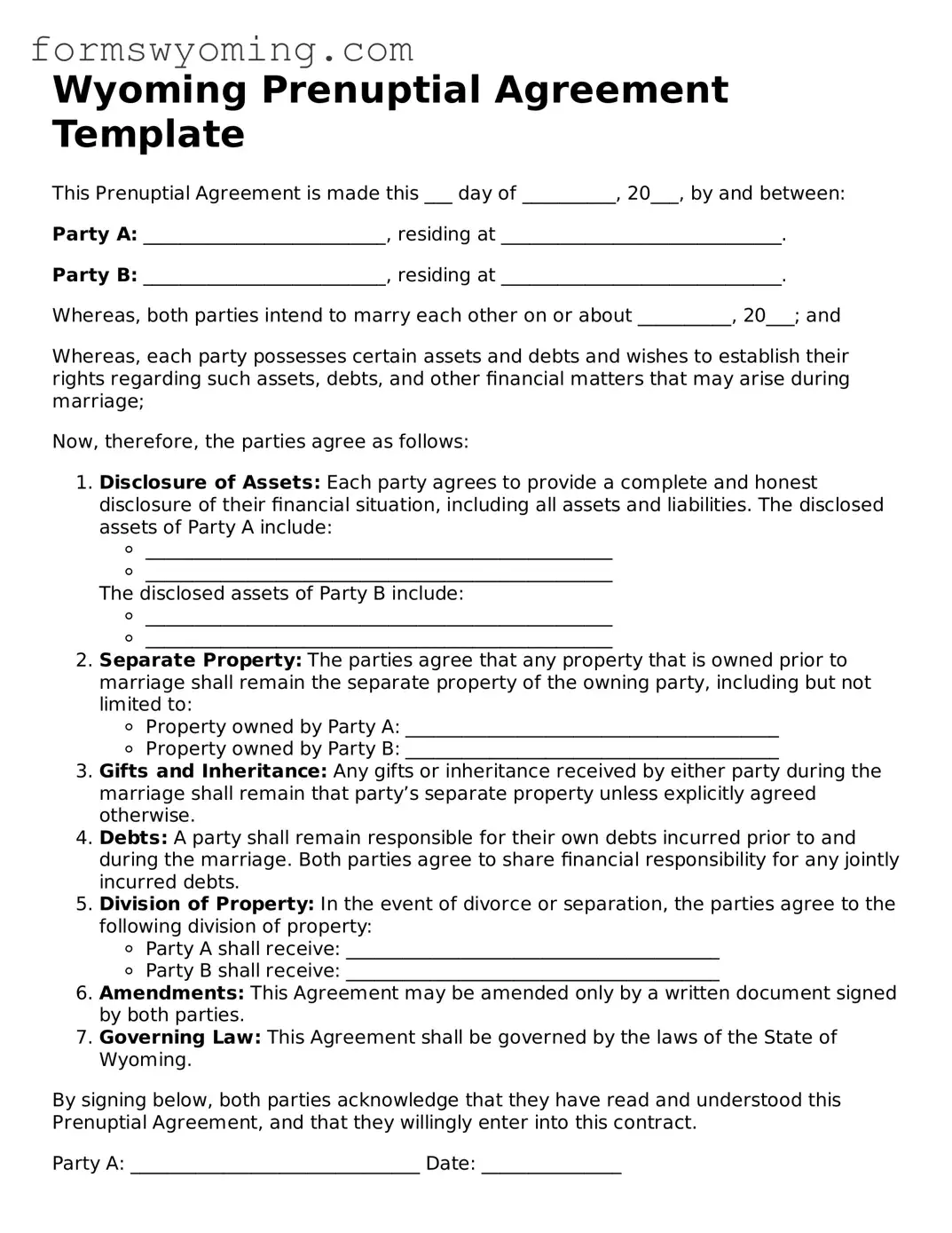 Attorney-Verified  Prenuptial Agreement Template for Wyoming