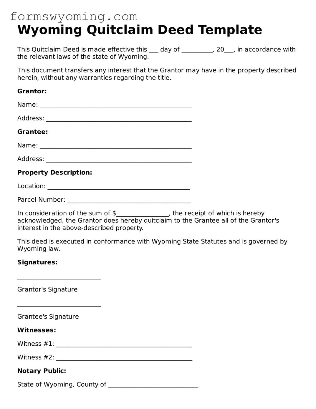Attorney-Verified  Quitclaim Deed Template for Wyoming