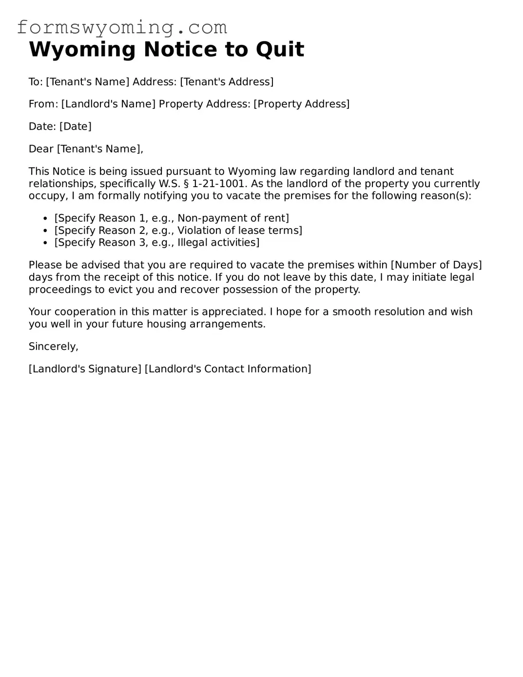 Attorney-Verified  Notice to Quit Template for Wyoming